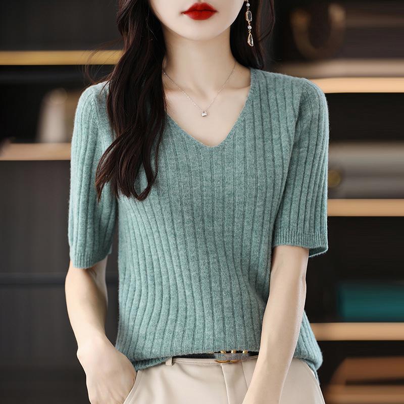 Frühling Sommer Damen V-Ausschnitt Kurzarm Exquisiter Kaschmir Strickpullover Pullover Einfarbig