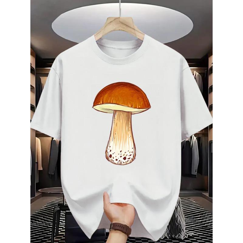 European Size Men' Realistic Mushroom Print T-Shirt - Casual Short Sleeve Round Neck Summer Top with Mushroom & Detailing, Soft Casual Attire