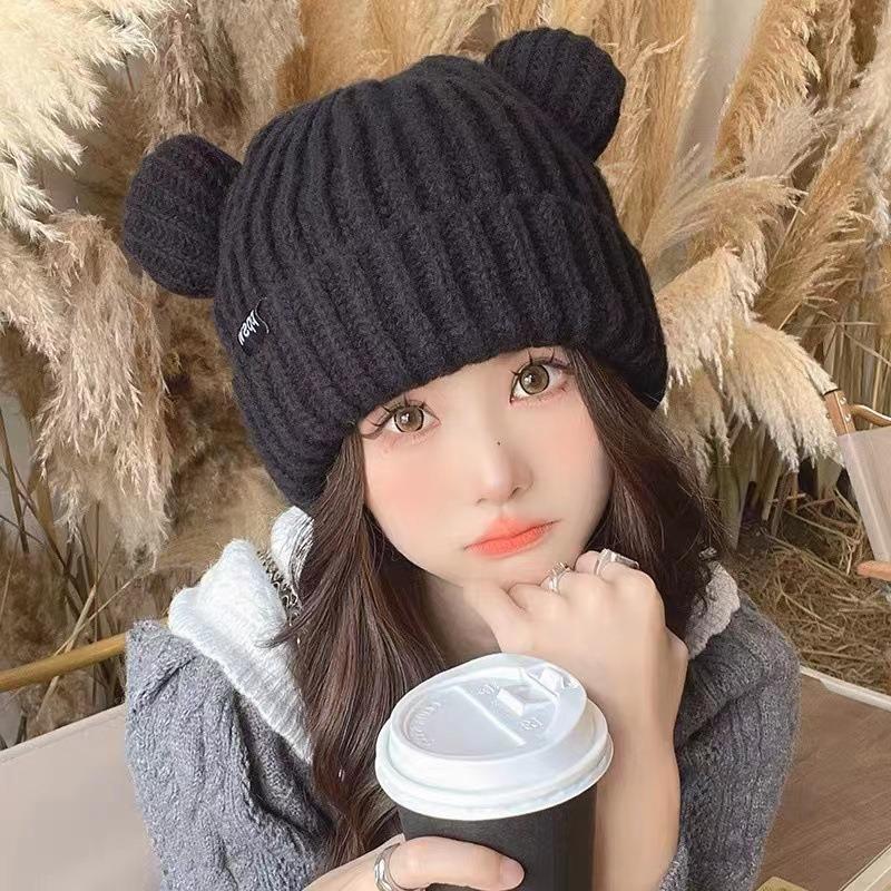 Cat Ears Knitted Hat for Women, Warm In Autumn and Winter, Thickened Ear Protection for Winter, Showing Face, Small Student Wool Hat Ins Wind