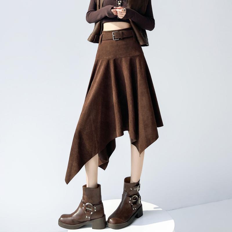 Fustă mini asimetrică vintage din piele întoarsă pentru femei, cu talie înaltă, slim, linie A, fuste midi
