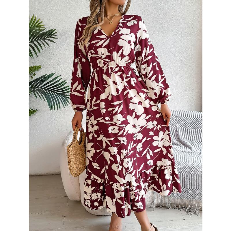 Women's Autumn/winter Casual Flower Waist Tucked Long Sleeve Ruffled Dress