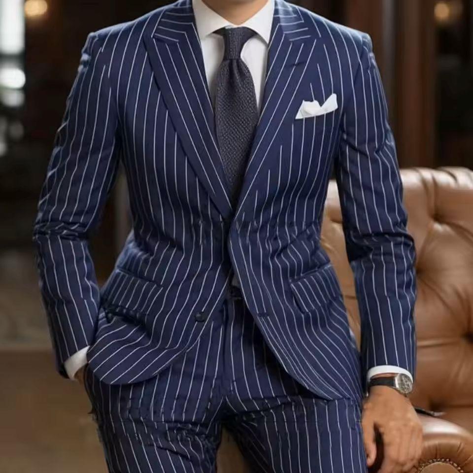 Fashion Double Breasted Peaked Lapel Blazer Royal Blue Striped Men's Suits Custom Wedding Tuxedos 2 Pieces Jacket Pants Outfits