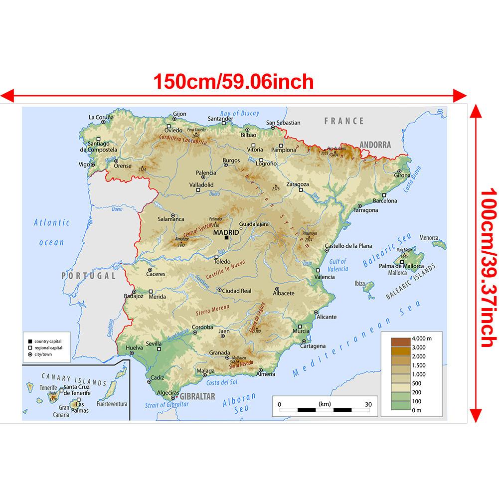 English Map Background Cloth-Spain Map-Terrain Decor Picture for Travel,Educational Tool,Photo Shoot Background