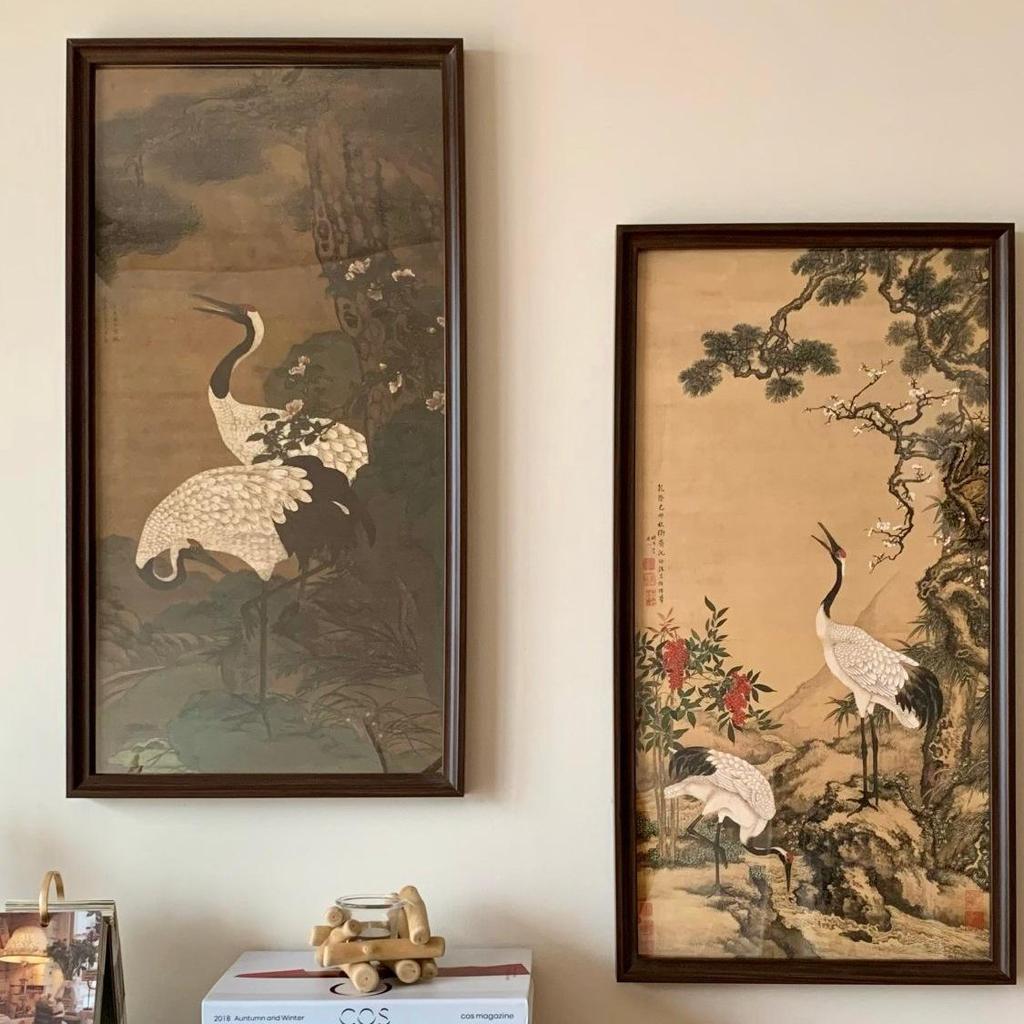 Chinese Pine & Crane Longevity Wall Art - Framed Replica for Living Room, Entrance, Tea Room, or Homestay