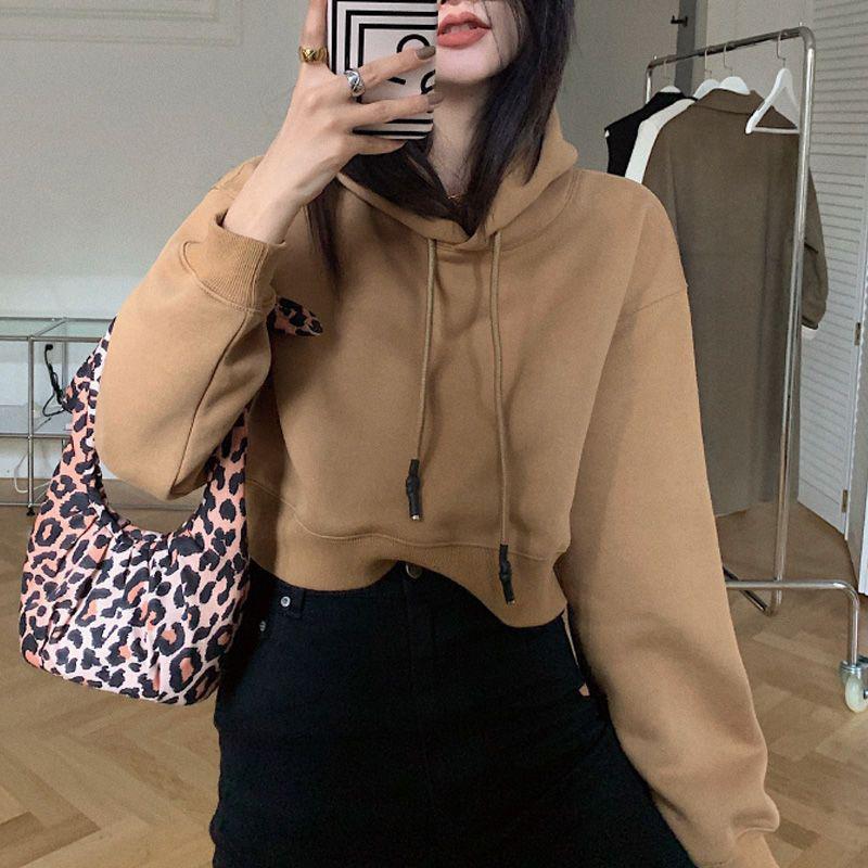 Lässiges Top, lockeres, langärmliges Fleece-Kapuzen-Kurz-Sweatshirt