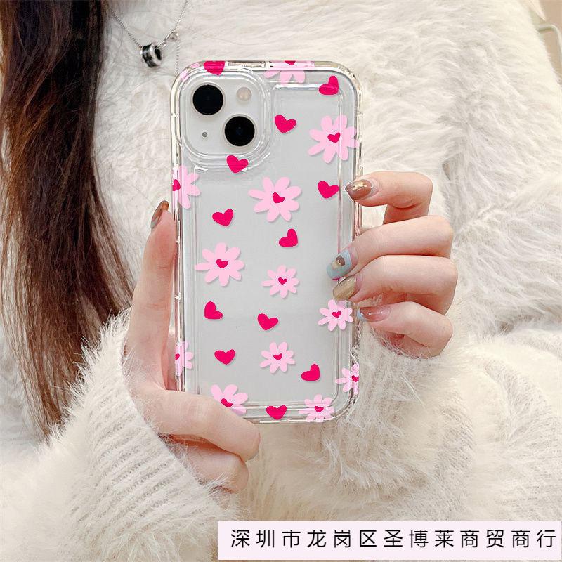 Pink love flower apple 15 mobile phone case iphone14promax transparent soft rubber 13/12/11 anti-drop XR