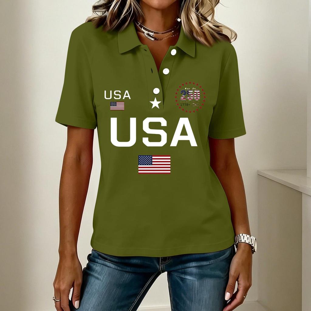Damen Casual Kurzarm Knopf-Polohemd USA-Aufdruck 250. Jubiläum Grafik Leichtes Sommeroberteil