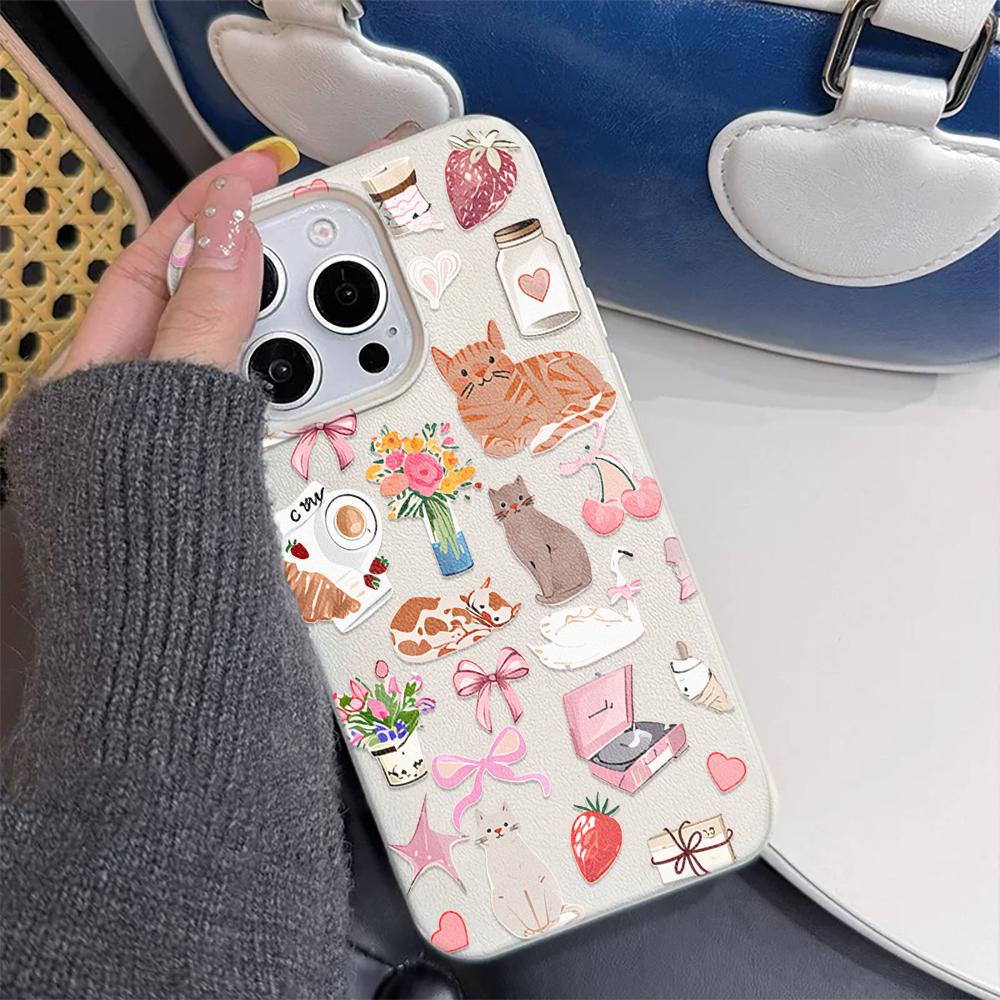 Cute Cat Strawberry Lychee Texture Phone Case For iPhone 17 Pro Max 16 15 14 13 12 11 Pro 14 15 Plus 17 Air Silicone Soft Cover