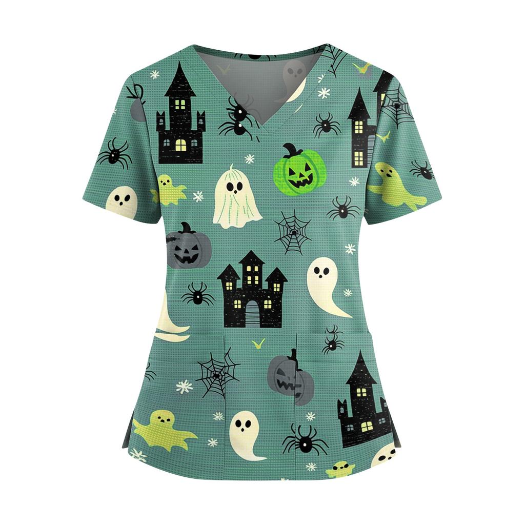 Women's V Neck Short Sleeve Medical Scrub Top with Double Pockets Side Slit Hem Halloween Print Nurse Uniform Shirt