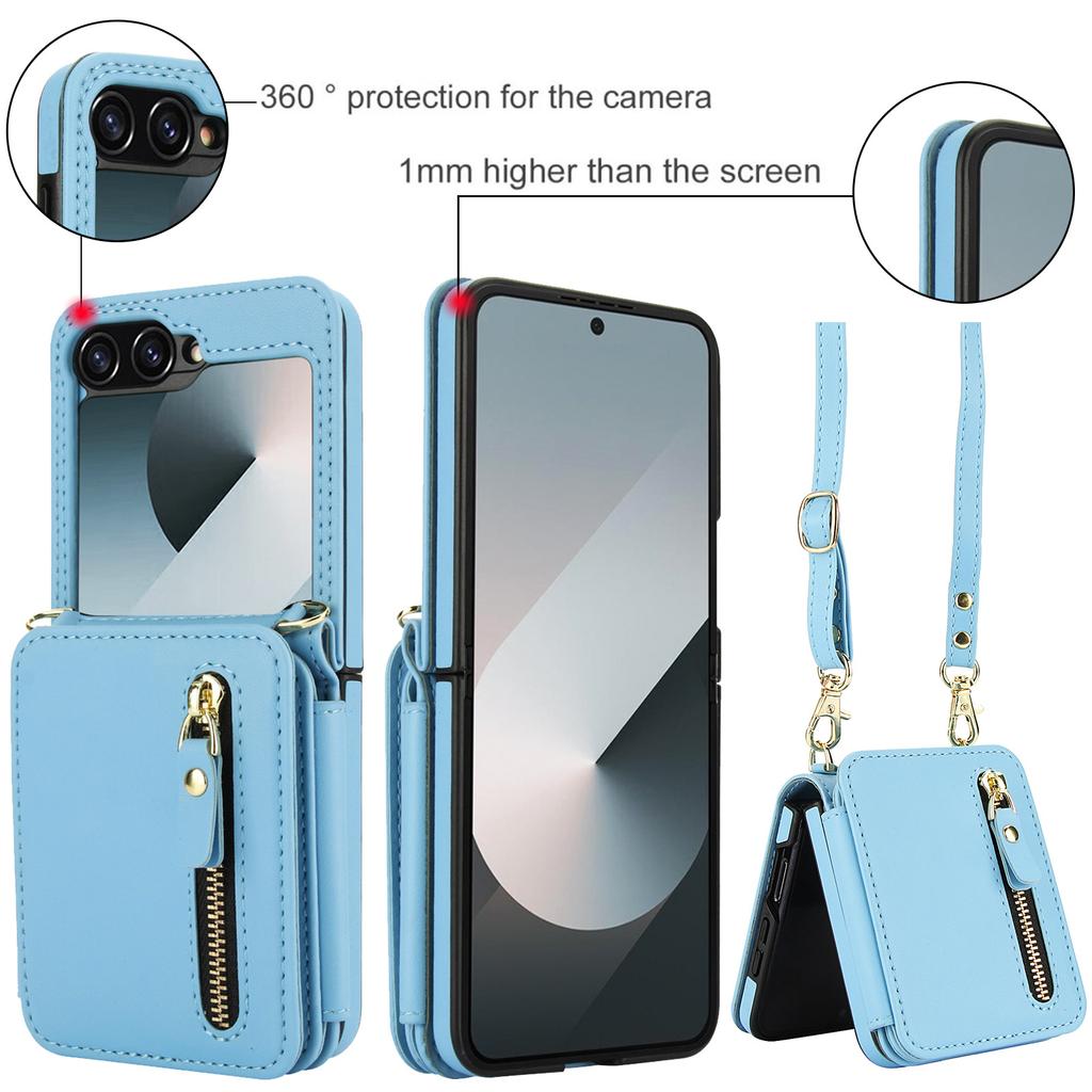 Applicable To Samsung Z Flip6 Mobile Phone Leather Case Z Flip5 Solid Color Card Zipper Change Bag Diagonal Strap Card Bag