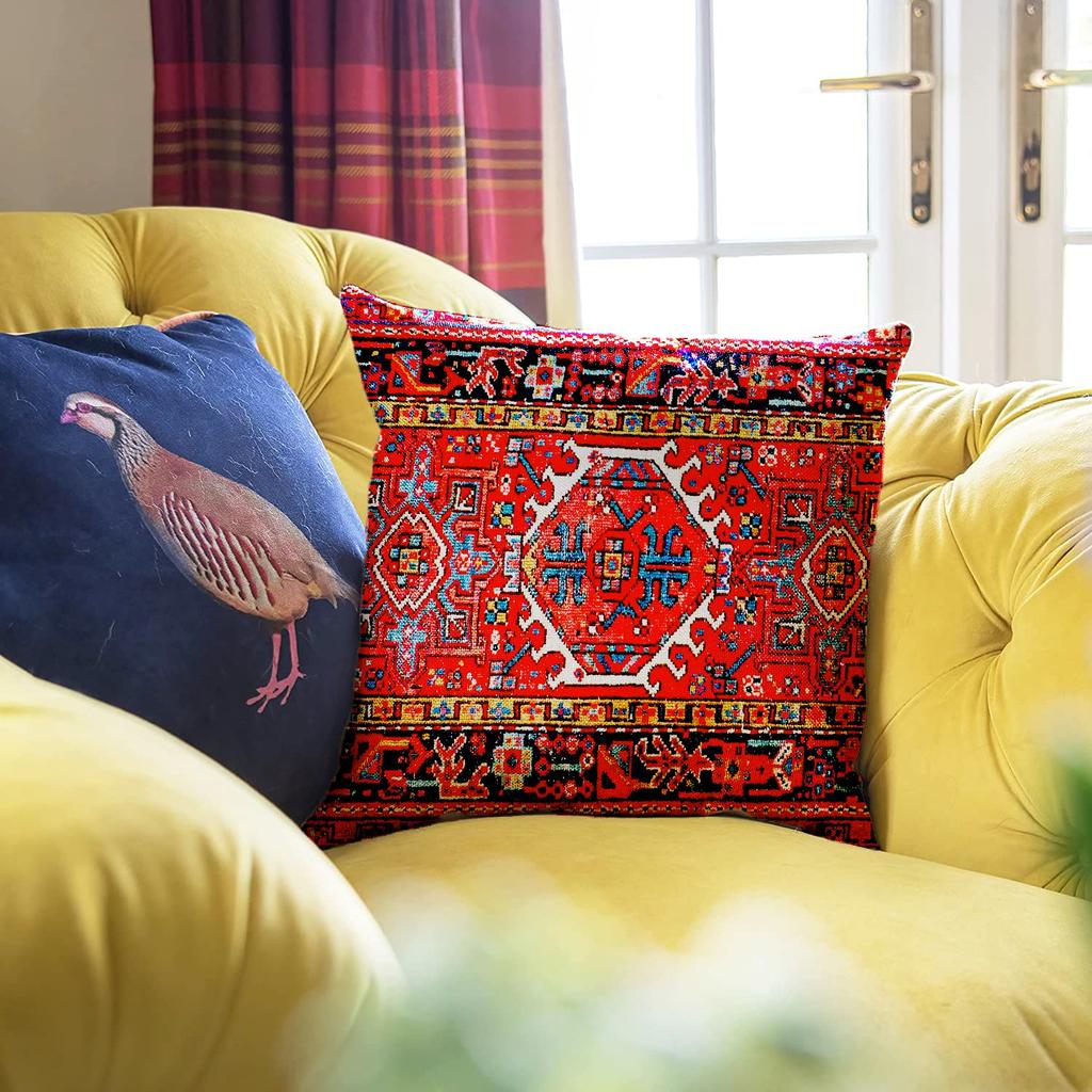 1Pc Red Persian Kilim Cushion Cover, Oriental Bohemian Rug Print Throw Pillow Case For Home Sofa Bedroom Decor
