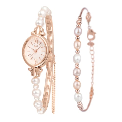 

Women s 2-Piece Bracelet and Bangle Watch Set with Roman Alphabet, Analog Display, Pearl Design, and Rose Gold Accents. A Cute and Stylish Fashion Wat