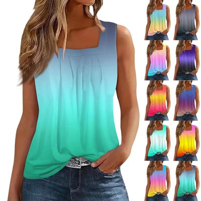 Women's Pleated Square Collar Sleeveless Vest Print T-shirt