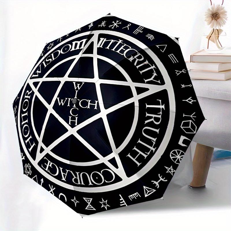 Compact 3-Fold Umbrella with Witchcraft Symbol Design - Portable, Durable Iron & Plastic, 8-Rib Automatic Open, Compact for Me