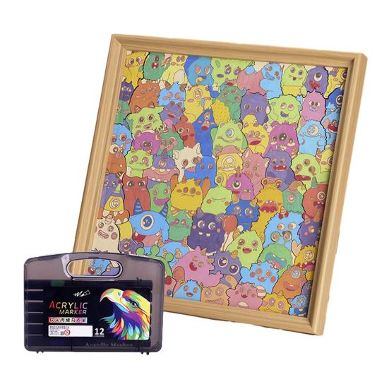 Dřevěná omalovánková puzzle sada s fotorámečkem, fixy, DIY pro děti i dospělé, ručně malované kreslené puzzle, dekorace, ozdoba