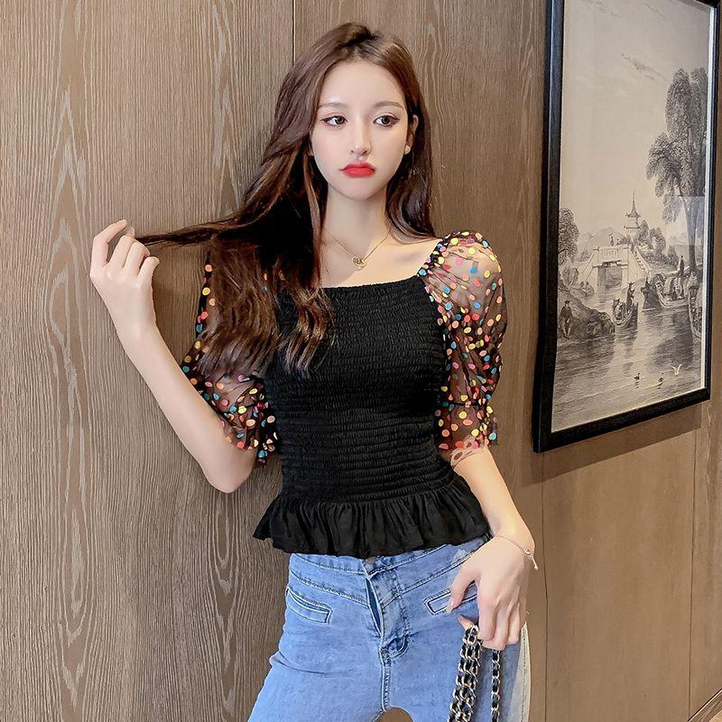 Polka Dot Puff Sleeve Women Blouse Elastic Waist Slim Cropped Top Square Neck Short Sleeve Sweet Fairy Style Office Lady Summer