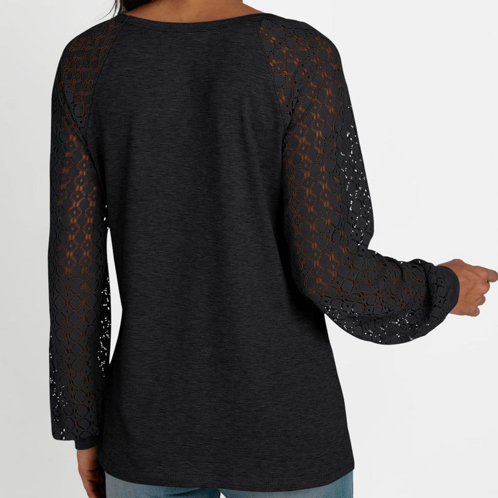 Women's Solid Color Lace Patchwork Round Neck Long Sleeved T-shirt Loose Top