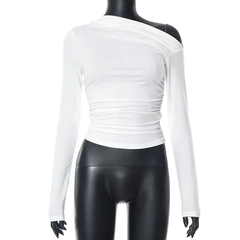 Podzimní jednobarevné tričko Móda Ženy Ležérní Skládaná košile s dlouhým rukávem Sexy topy Ženy Měkká trička Dámské oblečení 29847