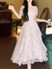 First Love Floral Chiffon Square Neck Elegant Summer Dress for Women, Plus Size, Waist-Cinched, Slimming, and Fairy Long.