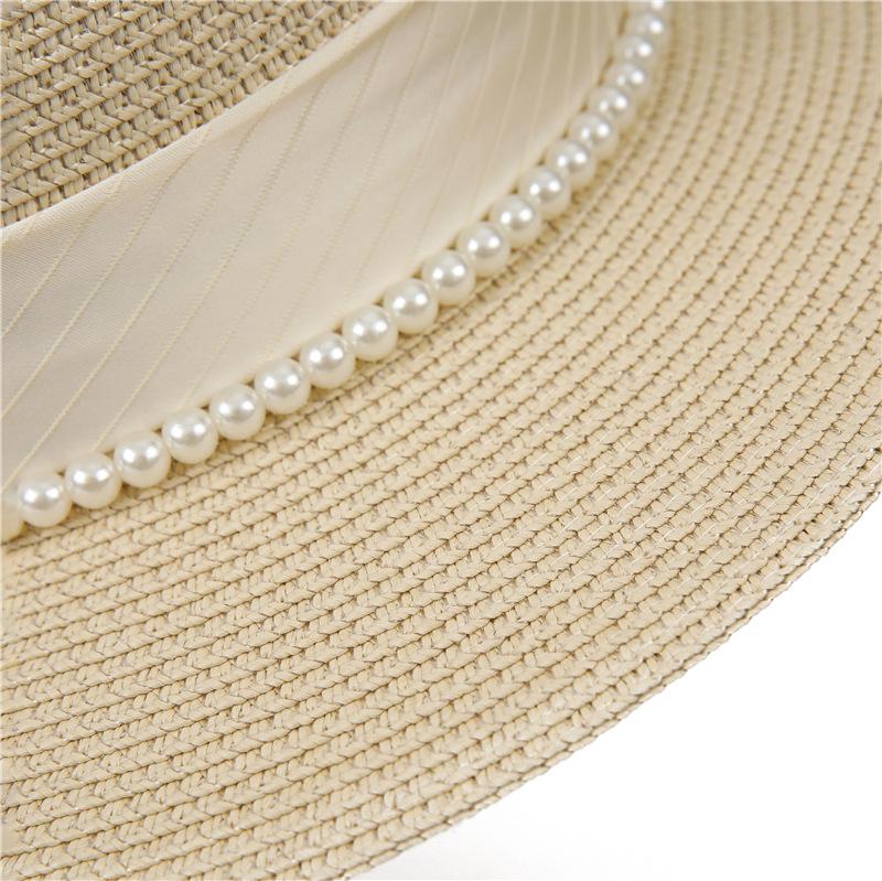 French Celebrity Flat Top Hat Summer Elegant Pearl Straw Seaside Sun Hat Children