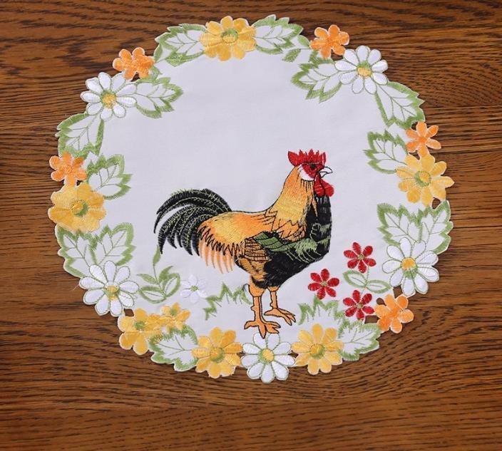 Okrągła Haftowana Podkładka na Stół z Kurczakiem Podkładka Materiałowa Wycinana Podkładka Pod Naczynie Herbaciane Podkładka Izolacyjna Pastoralna Tkanina Haftowana Dekoracja na Przyjęcie