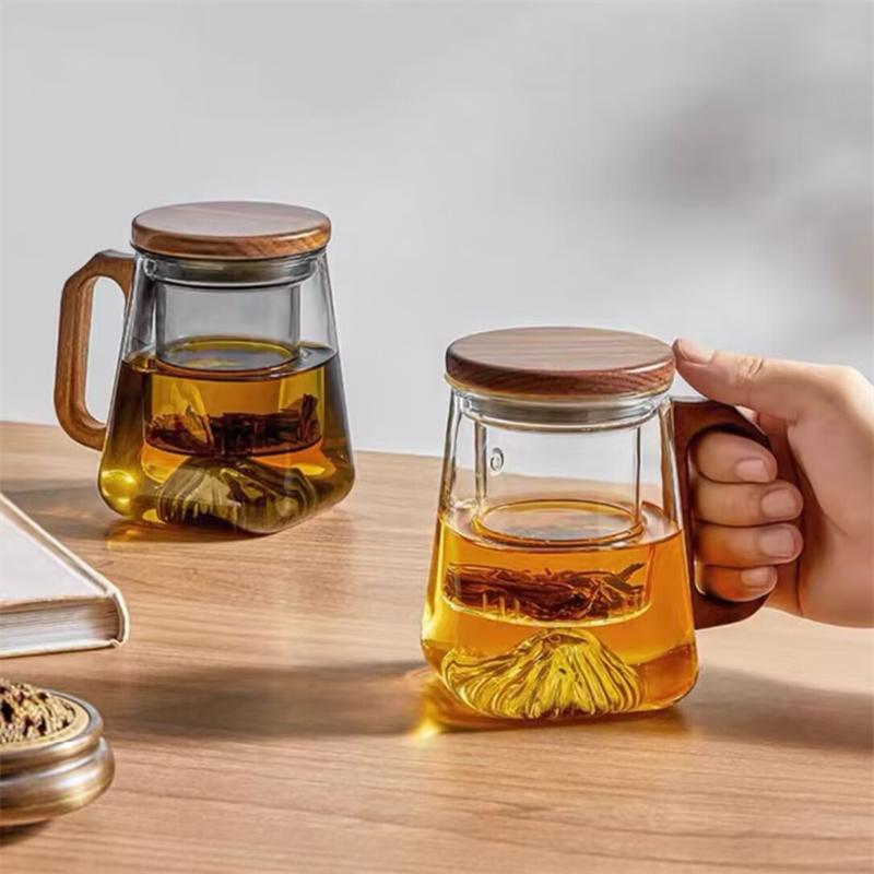 400ml Heat-resistant Glass Tea Cup With Tea Infuser Filter Walnut Wooden Handle Lid Tea Mug Drinkware