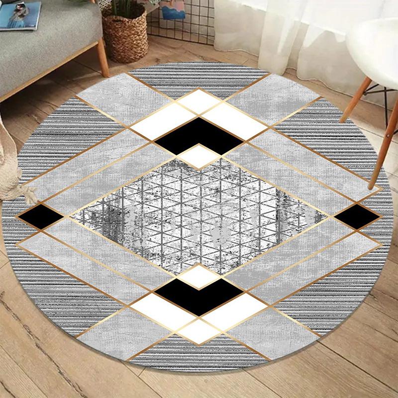 Luxury Gold Foil Geometric Round Rug, Modern Diamond Grid Print Floor Mat, Non-Slip Living Room Carpet, Elegant Home Decor