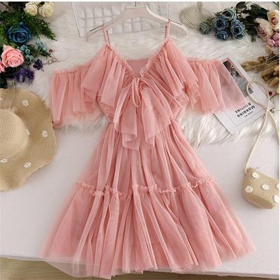Summer One-line Collar Strapless Sling Ruffled Mesh Dress with Big Swing Dresses