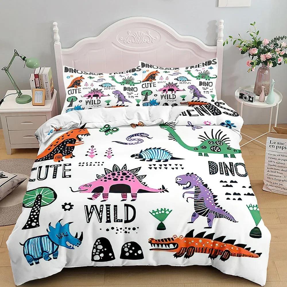 Kids Cartoon Dinosaur Bedding Set KingQueenFull Size Cute Animal World Duvet Cover Orange Yellow Polyester