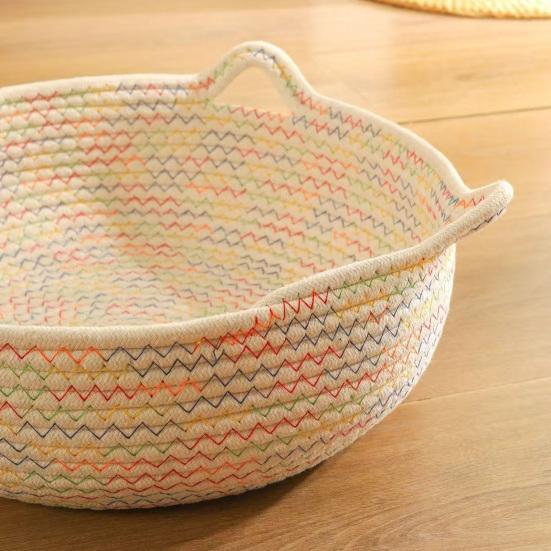 Cat Bed Basket Cotton Rope Pet Bed with Cat Ear Design Handwoven Sleeping Basket for Cats Puppies Rabbits Small Pets