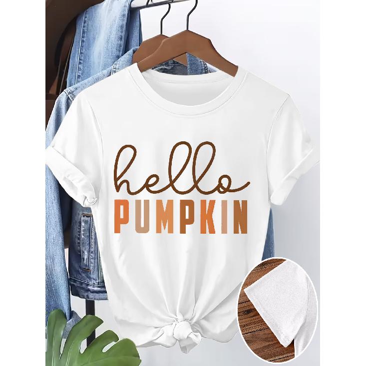 Brown-orange gradient hello PUMPKIN Autumn Vintage Handwritten English Print Short Sleeve T Women's T-shirt Soft and skin-friendly round-neck short