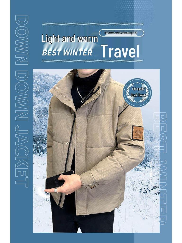 Men's Fashionable Stand Collar Down Jacket - 50% White Duck Down, Available In Black and Khaki
