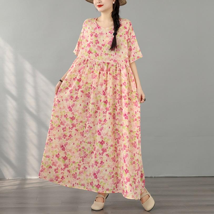 Kurzarm Plus Size Baumwolle Vintage Blumenmuster Neu in Kleidern für Damen lässig locker langes Sommerkleid