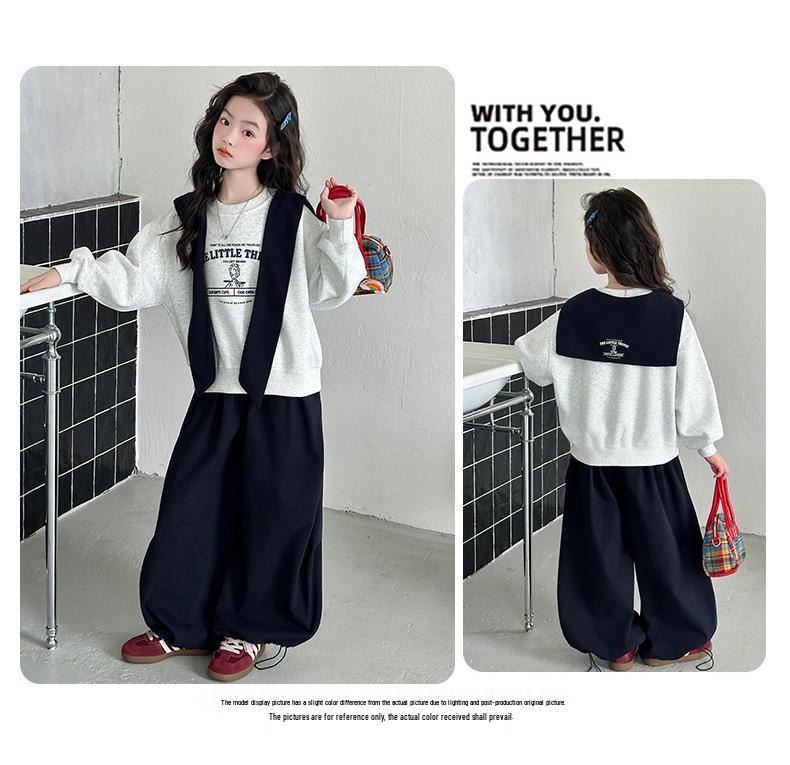 Girls' Spring & Autumn Sailor Collar Sweatshirt and Cargo Pants Set - 2025 Collection