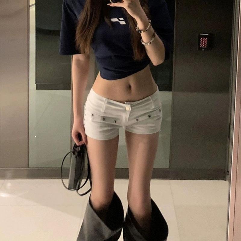 Internet Celebrity Wear the Same Hot Pants Female Hot Girl Y2g Vintage Club Low Waist Hip-Wrapped Rivet Denim Super Short Shorts