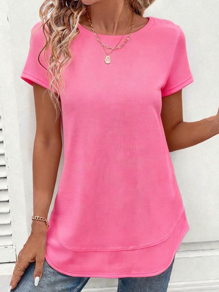 Spring Summer Textured Round Neck T-Shirt Short Sleeve Double Layer Hem Casual Top