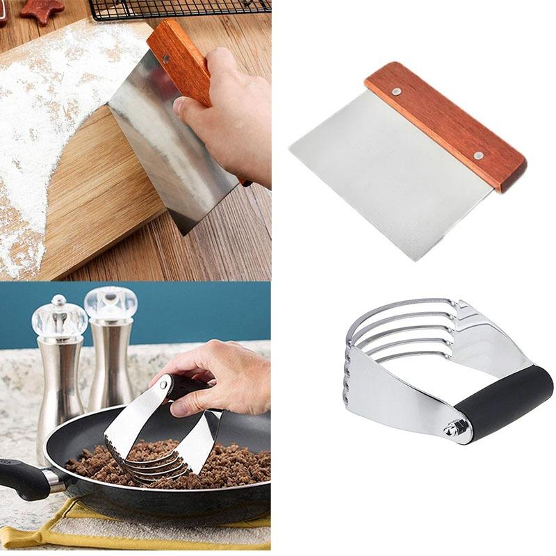 Dough Blender and Bench Scraper Set for Baking Pastry Cutter Butter Mixer Dough Divider with Wooden Handle Kitchen Tools