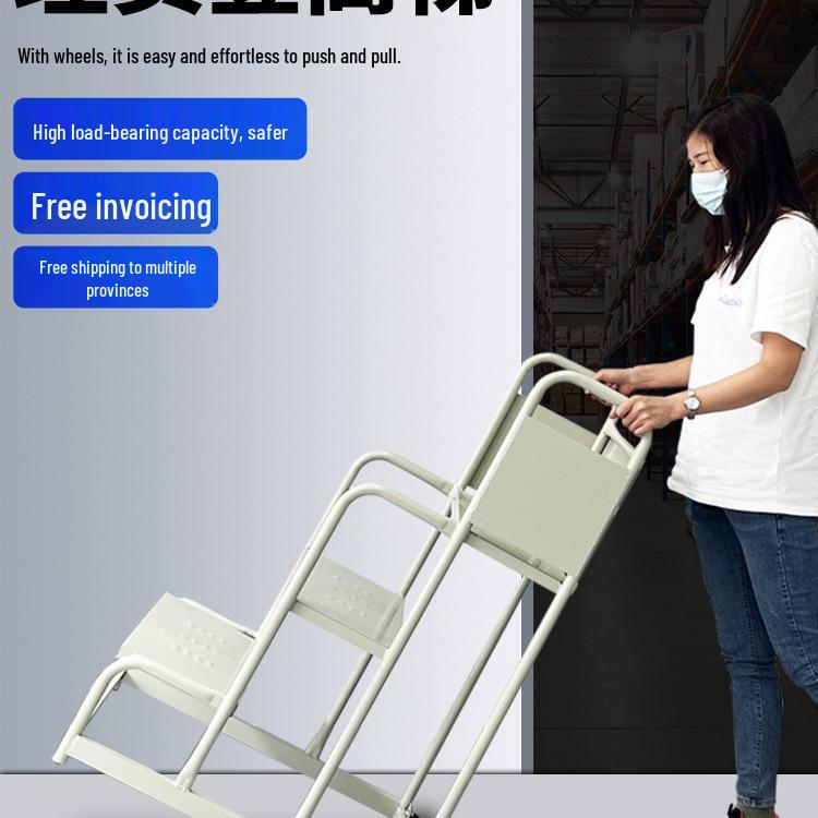 Adjustable Warehouse & Supermarket Ladder Truck: High-Reach Platform for Order Picking & Shelving Access