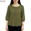 Women Casual Round Neck Solid Color Loose 3/4 Sleeve Blouse