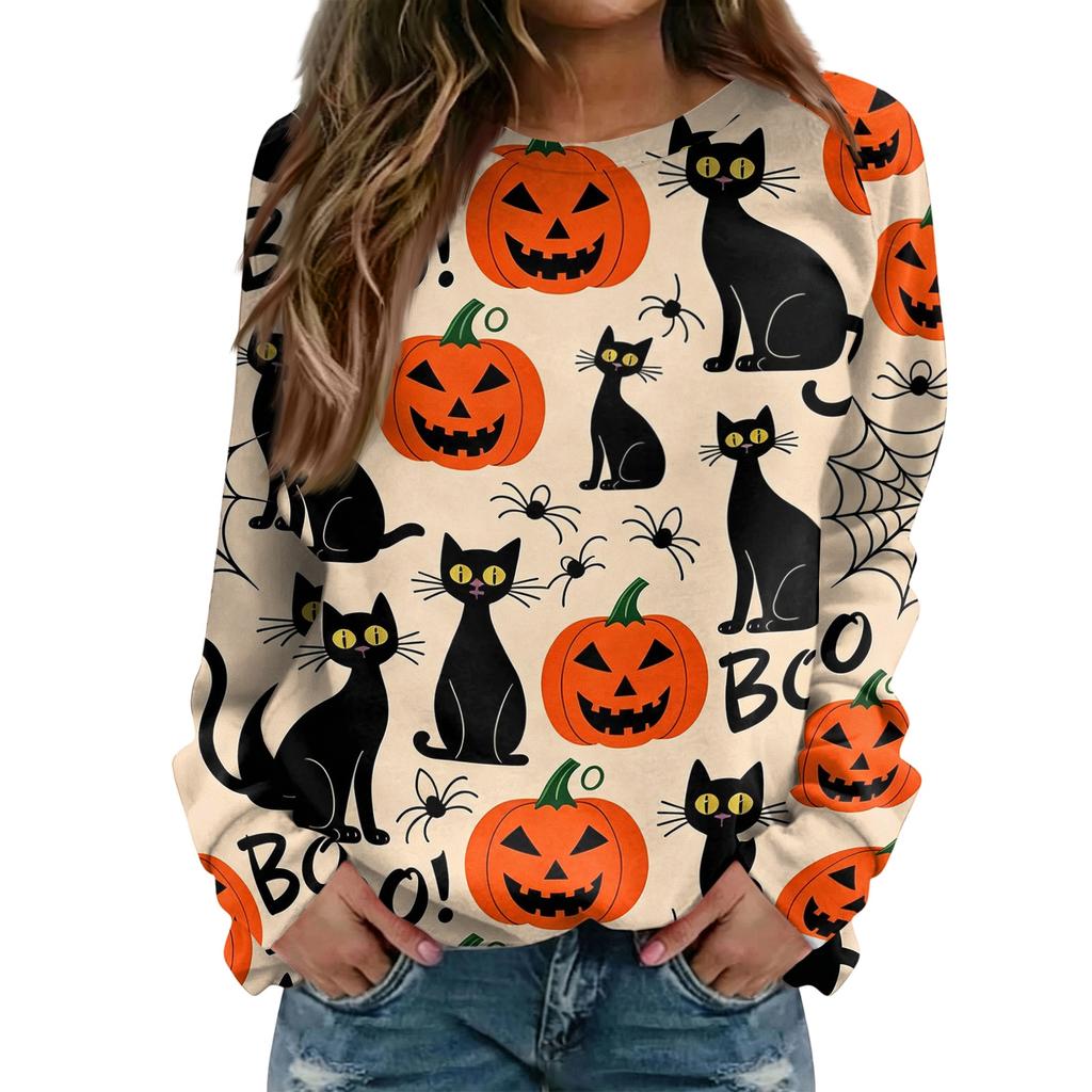 Women's Casual Halloween Print Raglan Long Sleeve Neck Sweatshirt Top