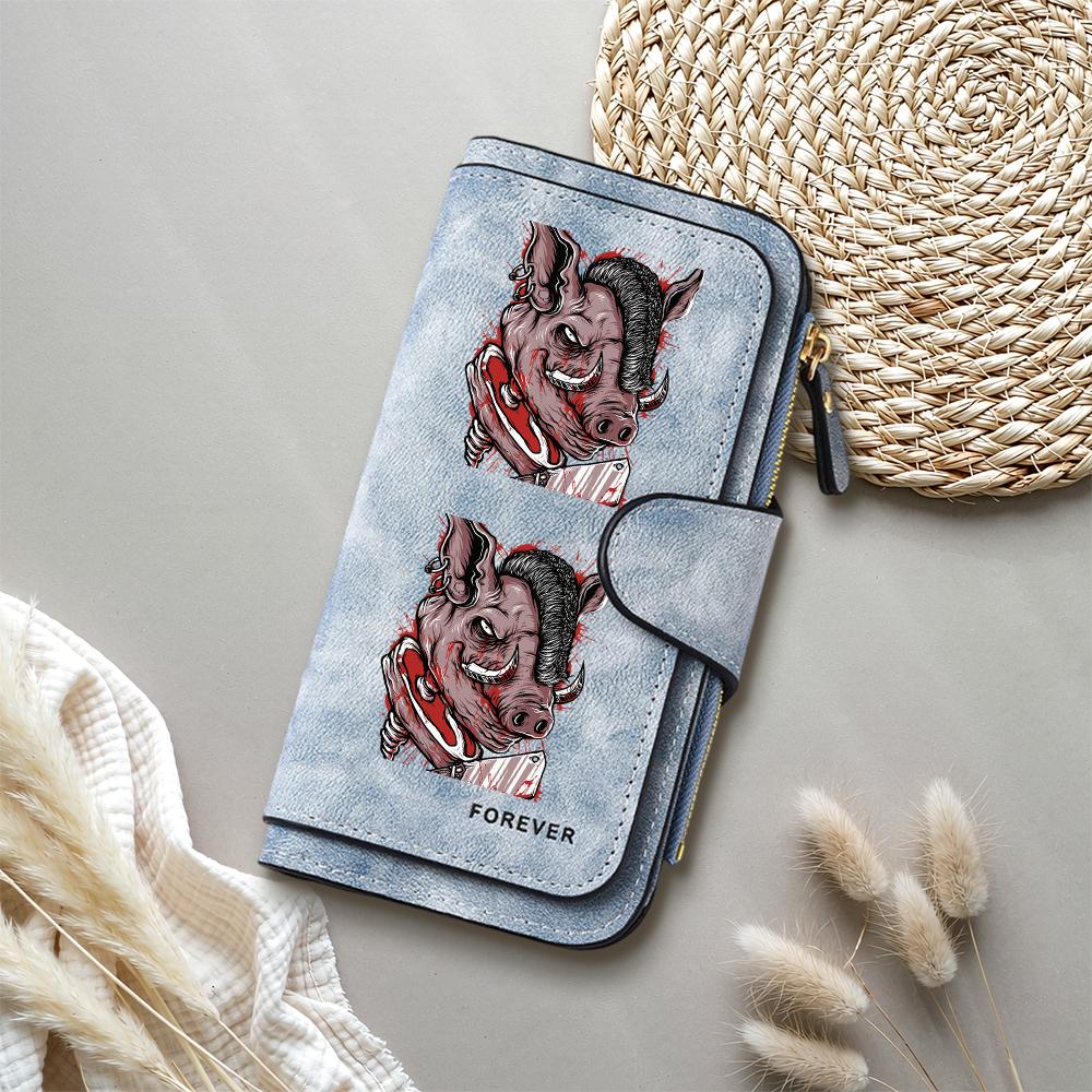 Gothic Boar Print Long Wallet Forever Leather Card Holder Fashionable Daily Cash Purse For Cool Style Users