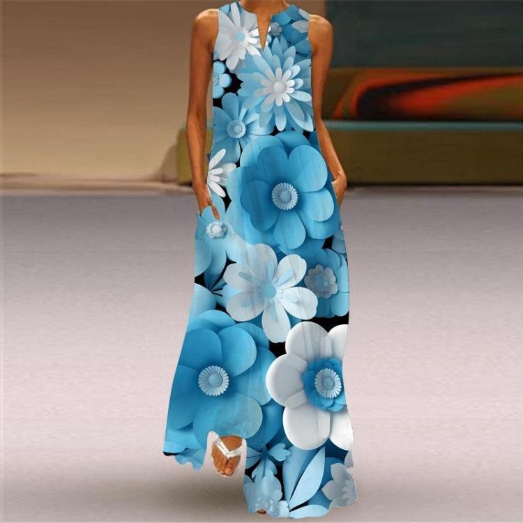Sexy Sleeveless V Neck Printed Long Dress Women Summer European American Style