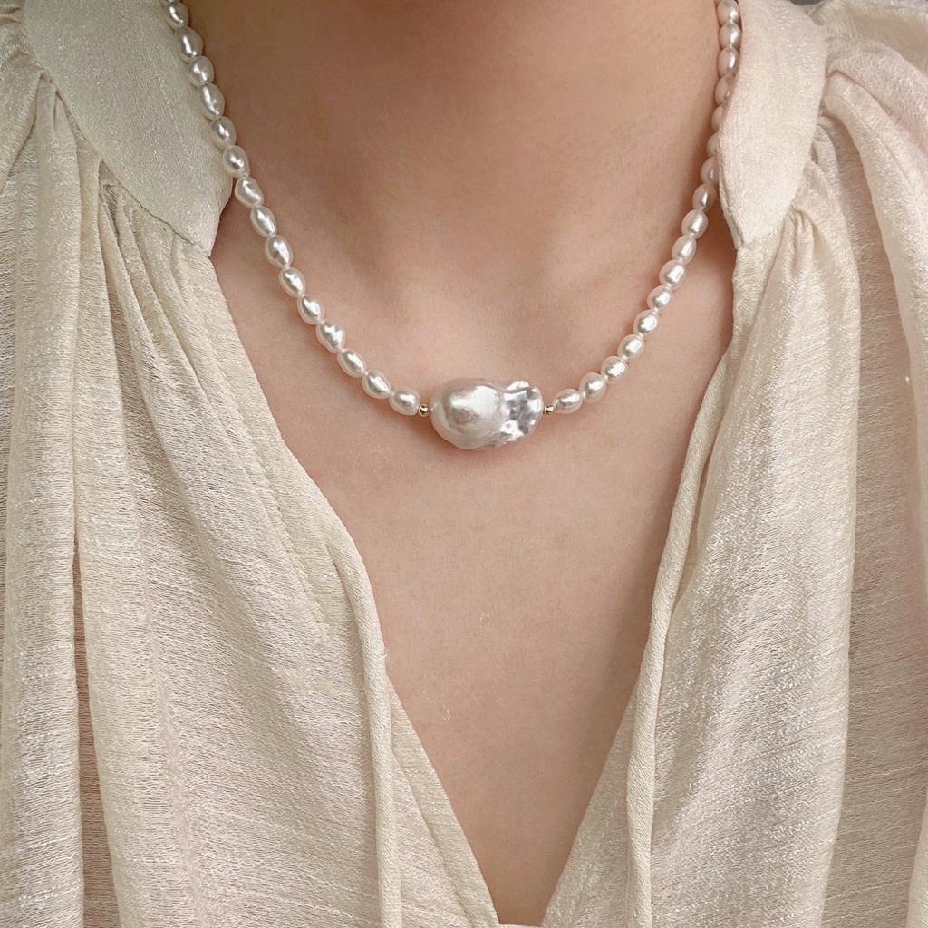 Titanium Steel Rice Grain Freshwater Pearl Special-Shaped Big Baroque Pearl Necklace French Retro Elegant Fashion Collarbone Chain Women