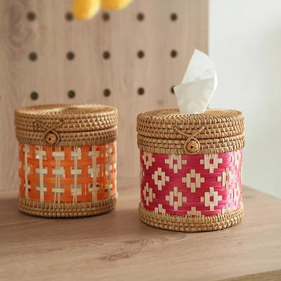 Handwoven Rattan Tissue Box Ethnic Round Storage Holder for Bathroom/Table Decor Natural Fiber Home Organizer Tissue Cove Gift