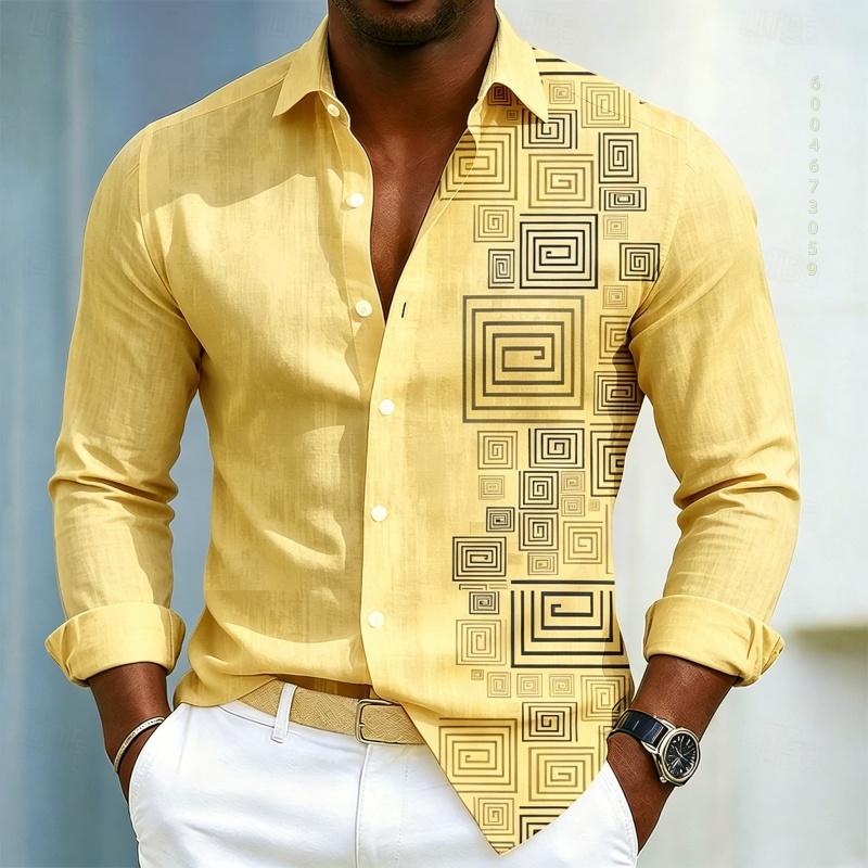 Herrenhemd mit geometrischem Musterdruck, Langarmhemd für Herren, Schwarzes Slim Fit Hemd, Modisches Design, Herrenbekleidung