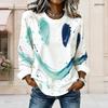 Women Plus Size Round Neck Long Sleeve Printed Top White Blue Green Curved Hem