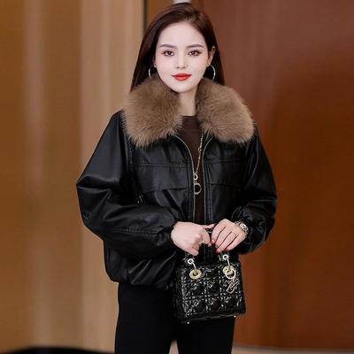 Removable Large Fur Collar Plush Thickened Leather Jacket Women's Short Autumn and Winter New Loose Pie Overcome