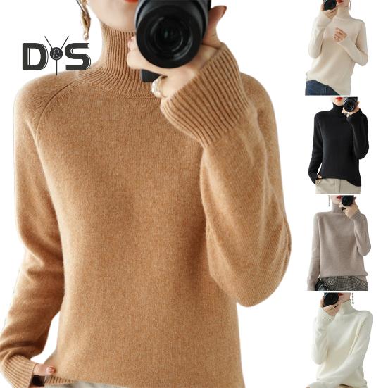Women Sweater High Collar Long Sleeve Ribbed Trim Knitting Tops Solid Color Loose Fit Thickened Bottoming Tops