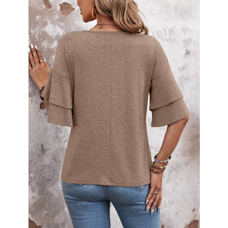 V-neck Double-layer Short Sleeve Loose T-shirt Women Casual Women's Solid Color Slim Fit Blouse Simple Fashion Elegant Tops Basic Clothing