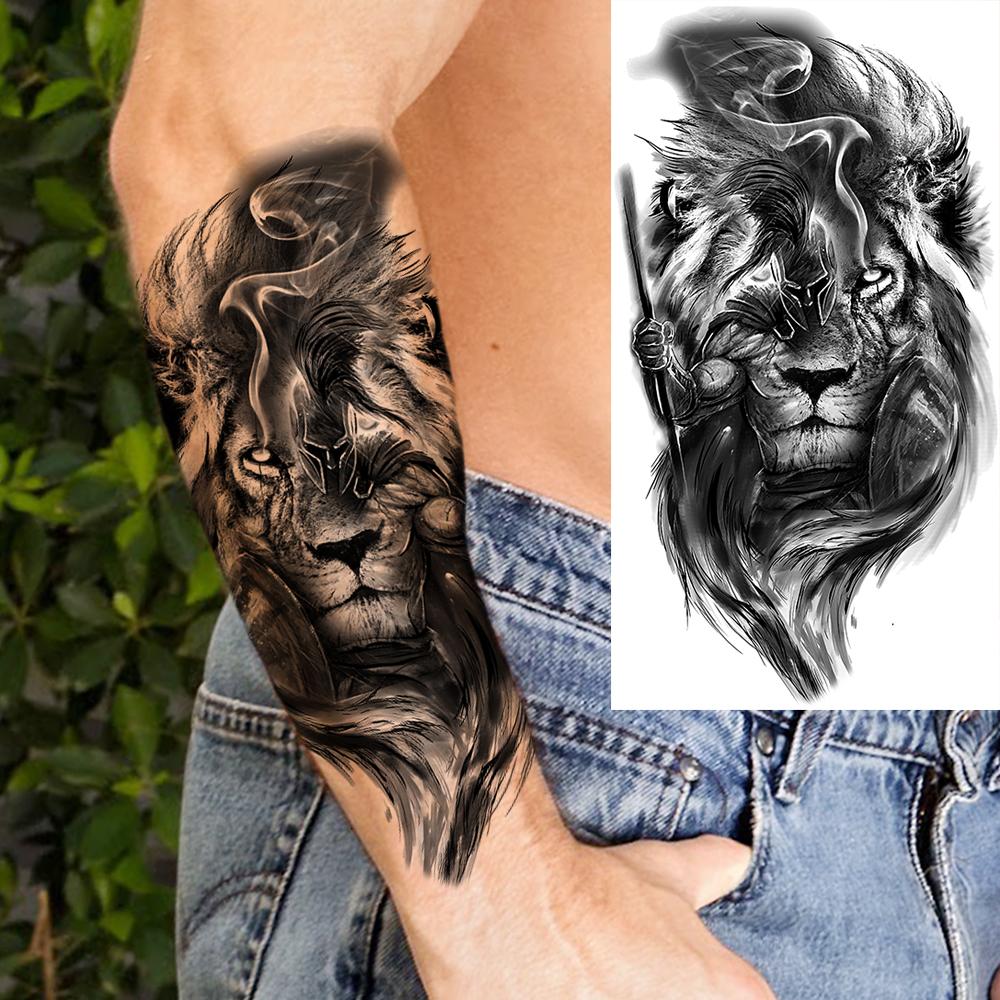 1 Sheet Lion Wolf Skeleton Nun Tiger Black Temporary Tattoos For Men Adult Leg Arm Compass Flower Fake Tattoo Sticker Waterproof